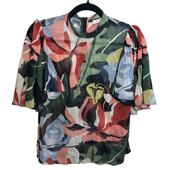 Rebecca Taylor Botanical Garden Mock Neck Blouse Size 2 Black Combo Silk Blend - Picture 2 of 14